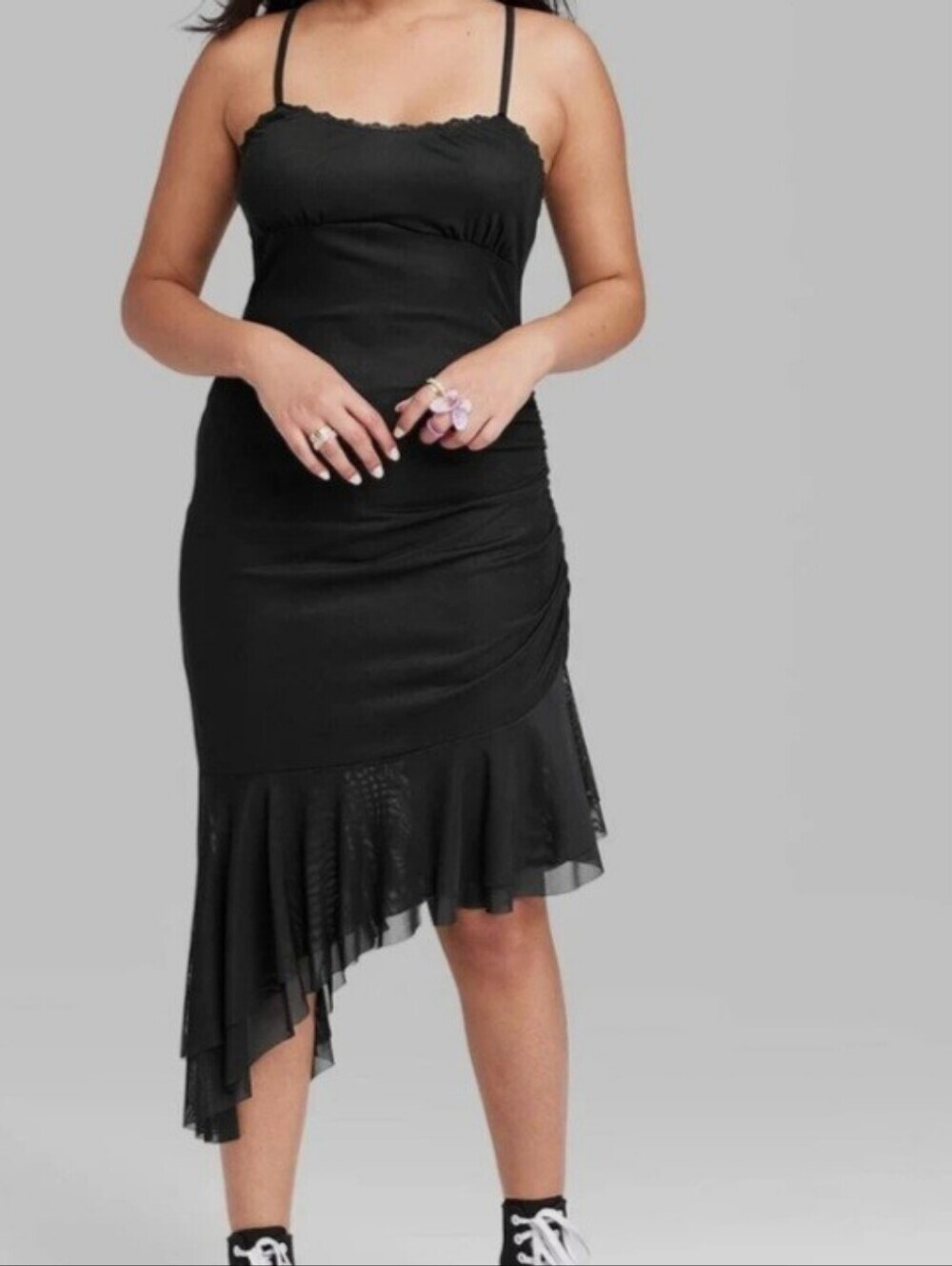 wild fable Black Asymmetrical Ruffle-Hem Spaghetti Strap Dress